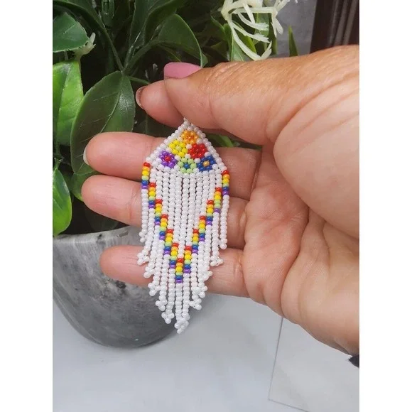 Beaded Earrings Bohemian, Beaded Drop Dangle Earrings Handmade - Picture 2 of 6